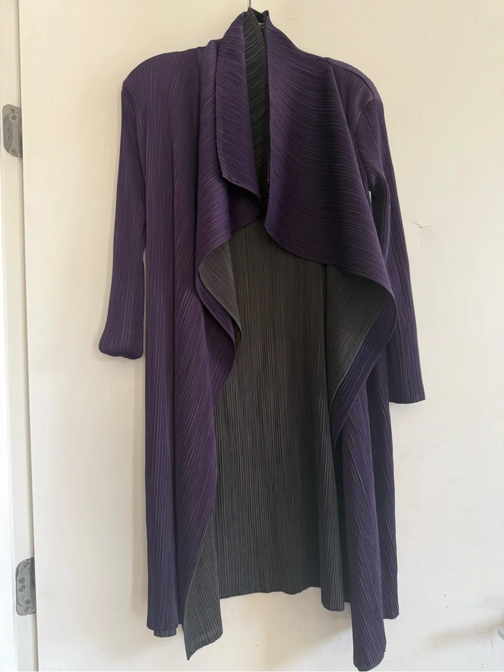 Plisse Pleated Long Cardigan Purple Charcoal Draped Open Front Jacket Reversible